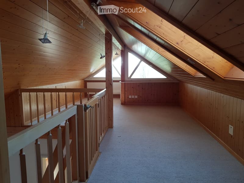 Empty attic corridor with wooden walls, carpeted floor, and skylight windows, featuring a wooden railing on one side.