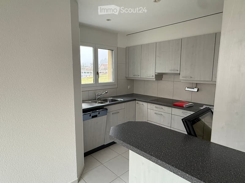 Modern kitchen with grey cabinets, black countertop, stainless steel sink, dishwasher, and oven. Features a window with a view of the outdoors.