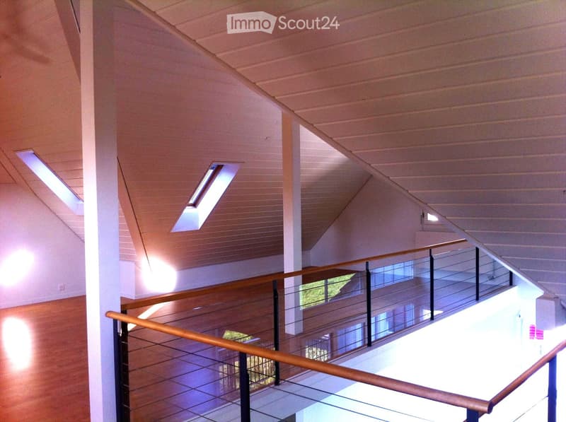 Modern hallway with wooden ceiling, glass railing, and skylights allowing natural light to illuminate the space.