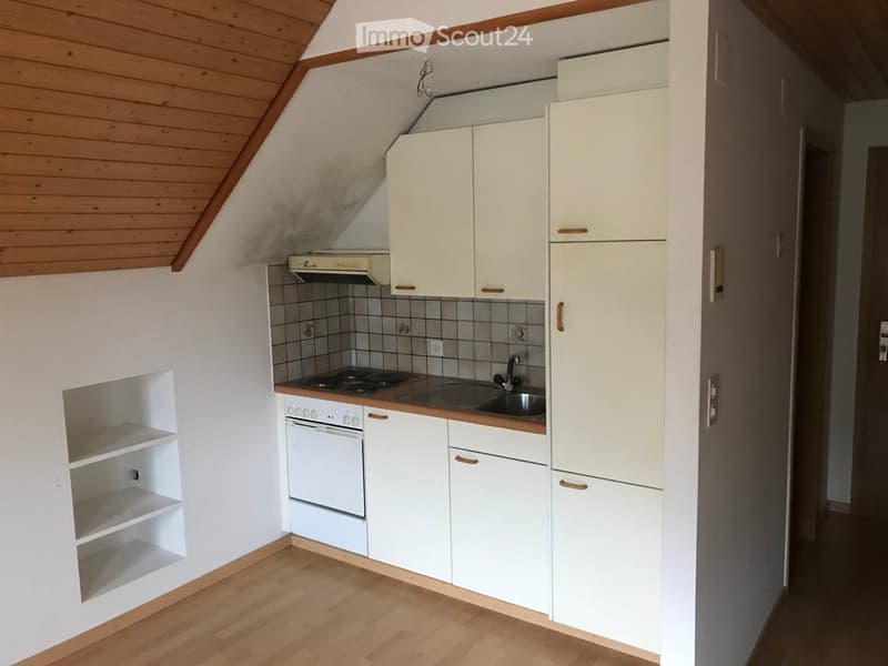 Compact kitchen with white cabinets, wooden flooring, and a small sink area. Includes an oven, refrigerator, and a built-in cabinet with shelves.