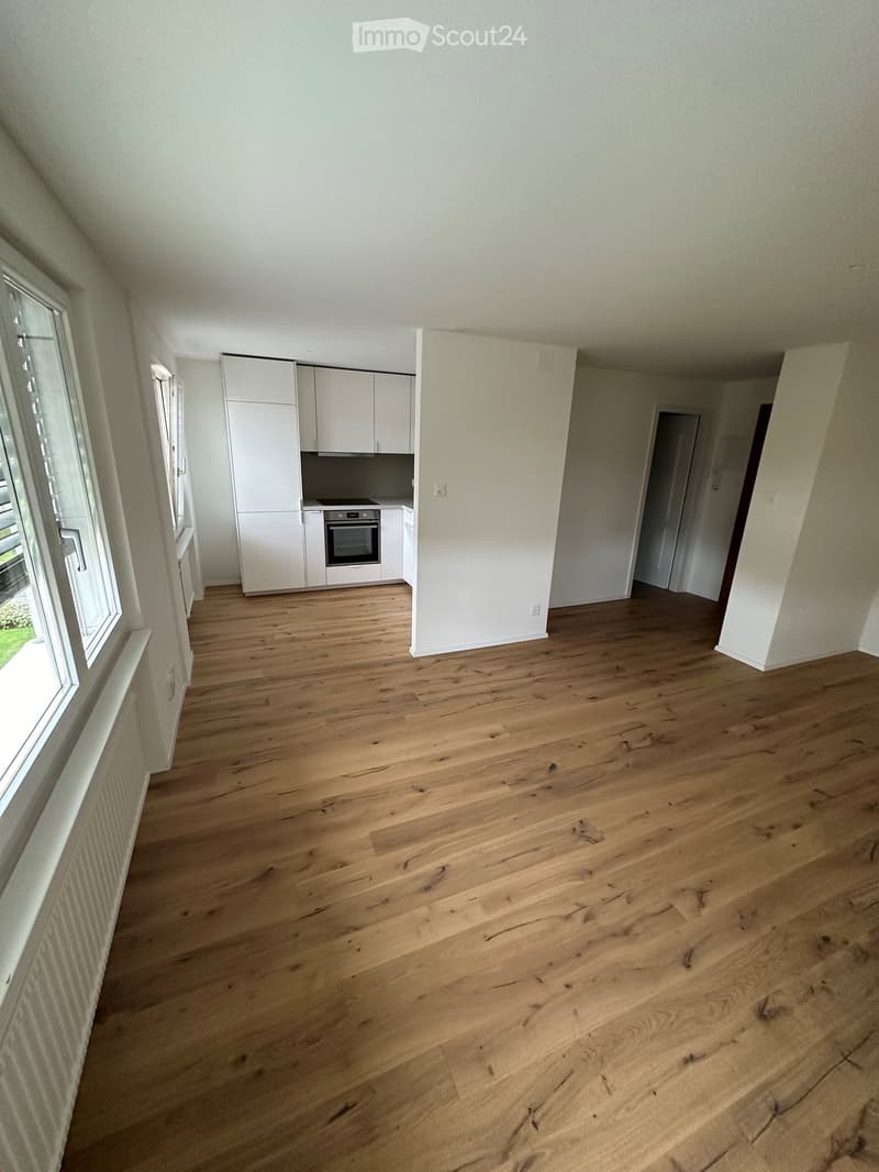 Empty room with light wooden flooring, white walls, and white kitchen cabinets in the corner. The room has large windows on one side and a doorway leading to another area.