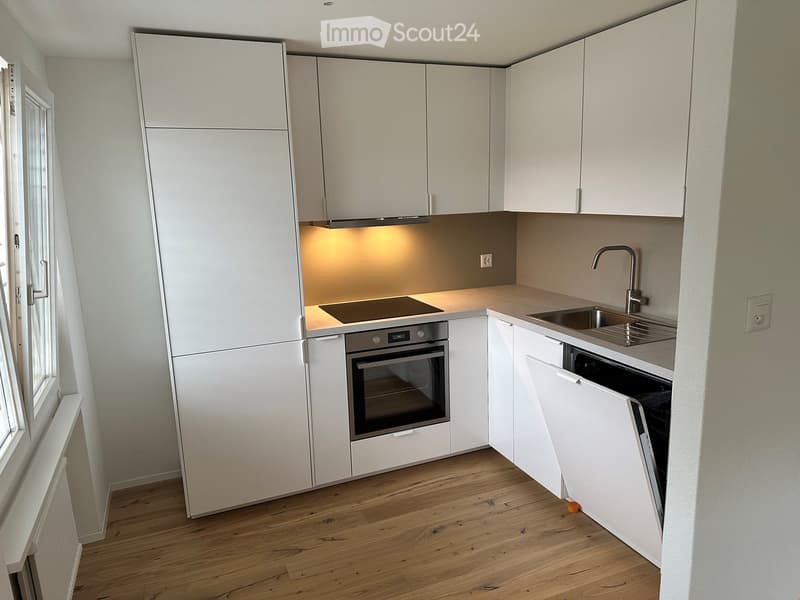 Modern kitchen with white cabinets, stainless steel appliances, and wooden flooring.