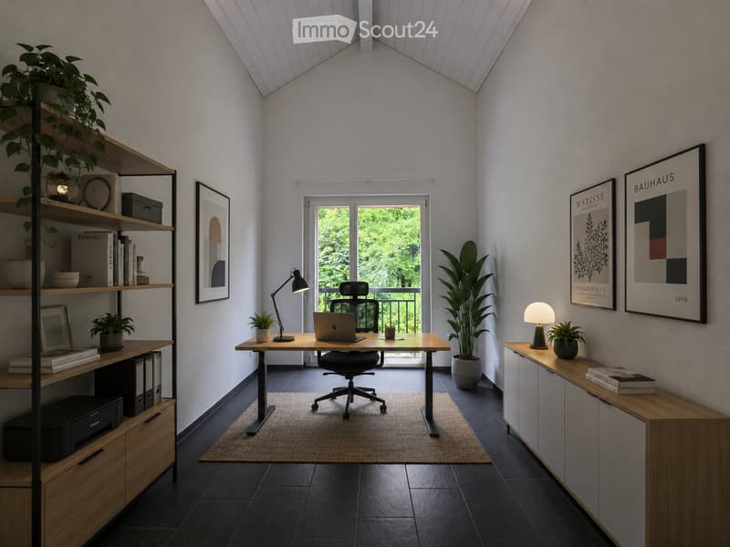 Modern, minimalist office space with a wooden desk, ergonomic chair, laptop, floor lamp, and shelving unit holding books and decorative items. Large window with balcony access and potted plants add a touch of greenery.