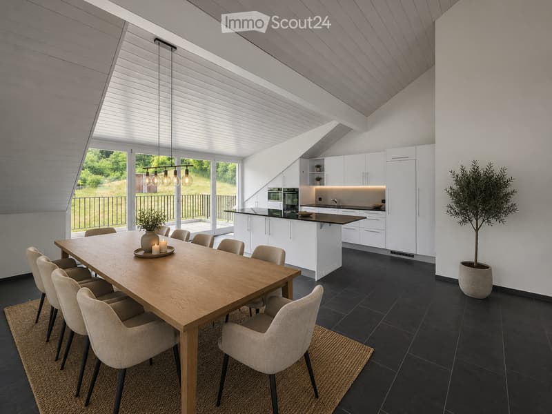 Open-plan dining and kitchen area with a wooden dining table surrounded by chairs, a modern kitchen island with pendant lights, and large windows overlooking a balcony.
