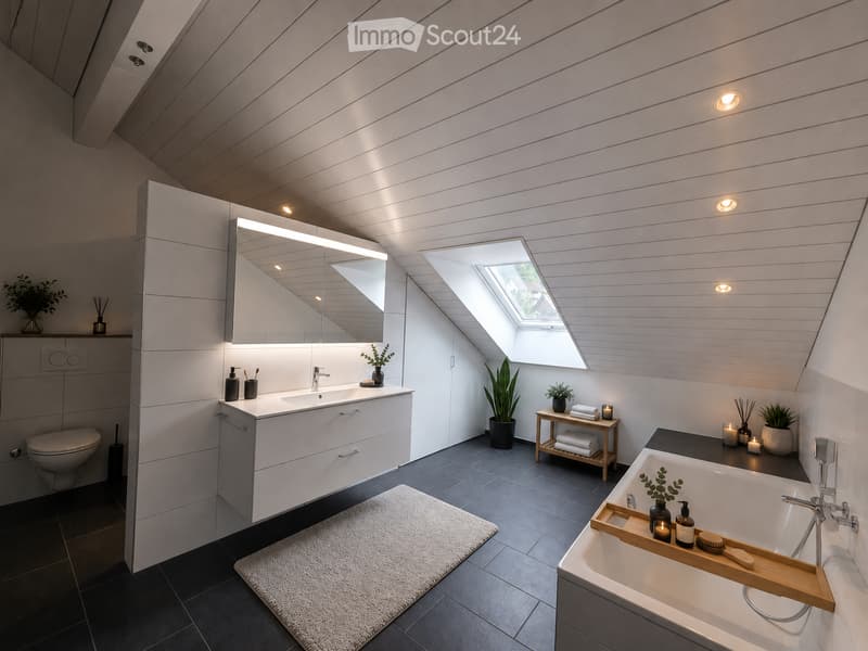 Modern bathroom with a sleek sink, large mirror, bathtub, and a skylight window. Includes a wooden shelf with candles and plants, a bath mat, and a toilet.
