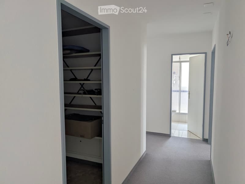 Empty hallway with white walls, carpeted floor, and an open closet with shelves on the left side. A doorway leads to a tiled bathroom on the right.