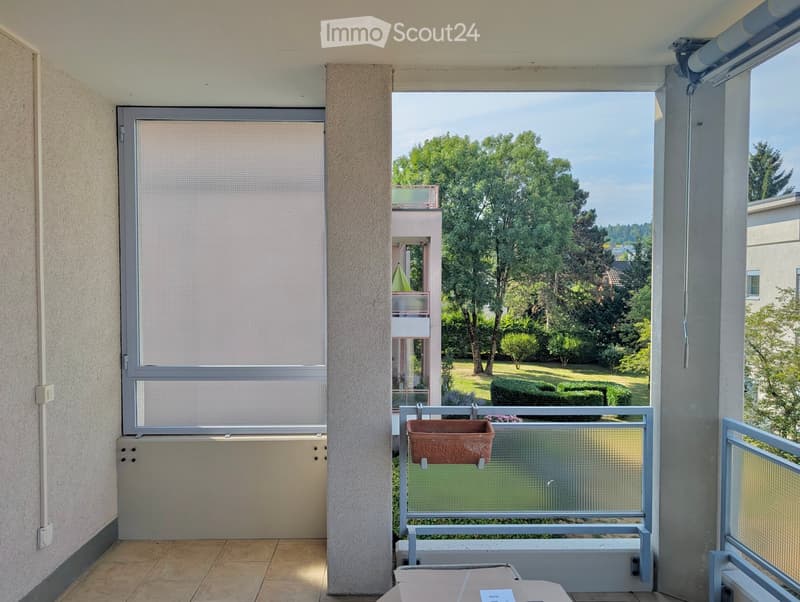 Balcony with tiled floor, glass railing, and a view of a green park with trees and a lawn.
