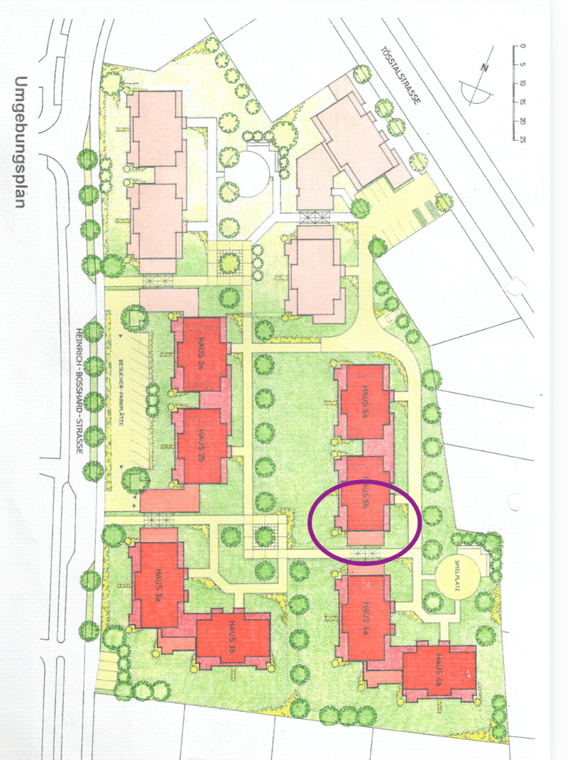 Floor plan of a residential complex with multiple buildings labeled Haus 2a, Haus 2b, Haus 3a, Haus 3b, Haus 4a, Haus 4b, Haus 5a, Haus 5b, Haus 6, and Haus 7. The layout includes green spaces, pathways, and surrounding streets.
