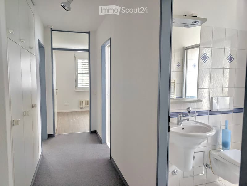 A modern hallway with white walls, carpeted floor, and a partially visible bathroom on the right side. The bathroom features a white sink, toilet, and a mirror with decorative tiles.