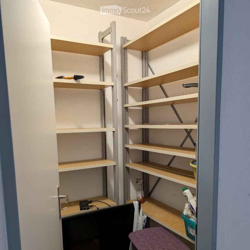 Empty storage closet with wooden shelves and metal frame, containing a few cleaning supplies and a small electronic device on the bottom shelf.