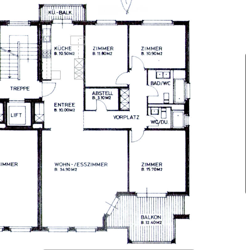 Floor plan showing a kitchen, living/dining room, three bedrooms, bathroom, storage, entrance, and balcony.