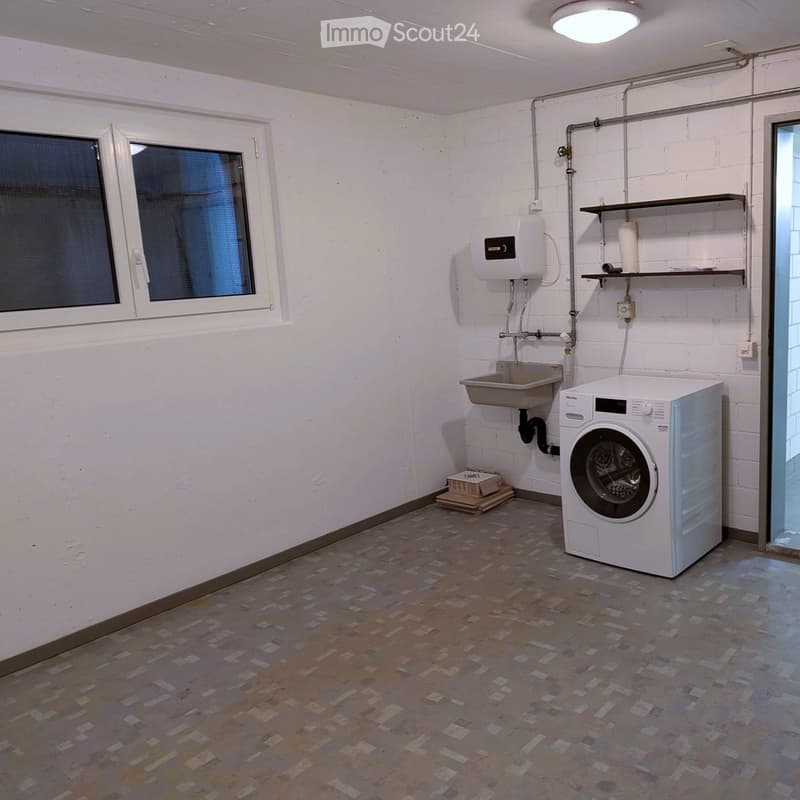 Bathroom with a washing machine, sink, water heater, and shelf. The room has white brick walls and a patterned tile floor.