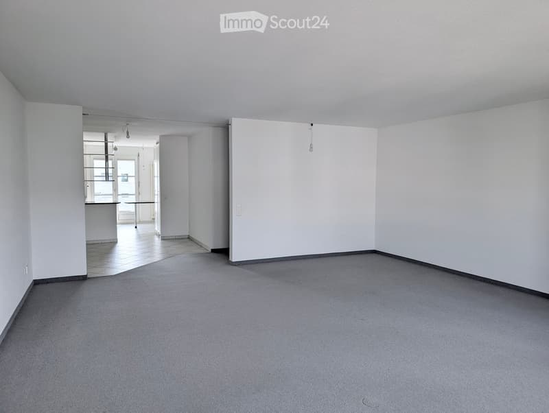 Empty room with grey carpeted floor, white walls, and a doorway leading to another area with a white cabinet and a table.