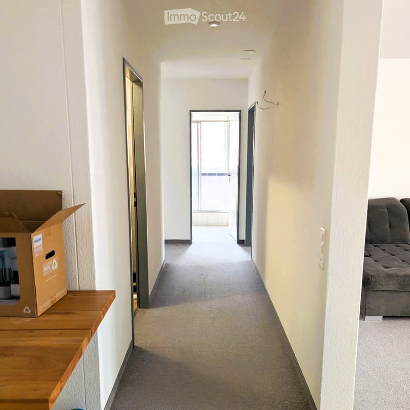 Empty hallway with white walls, carpeted floor, and a wooden shelf on the left side holding a cardboard box. A partially visible sofa is seen on the right side.