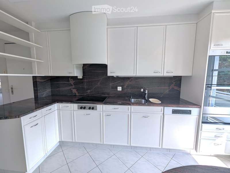Modern kitchen with white cabinets, dark countertops, and built-in appliances including a stove, sink, and dishwasher. The backsplash features a dark, wood-like design.