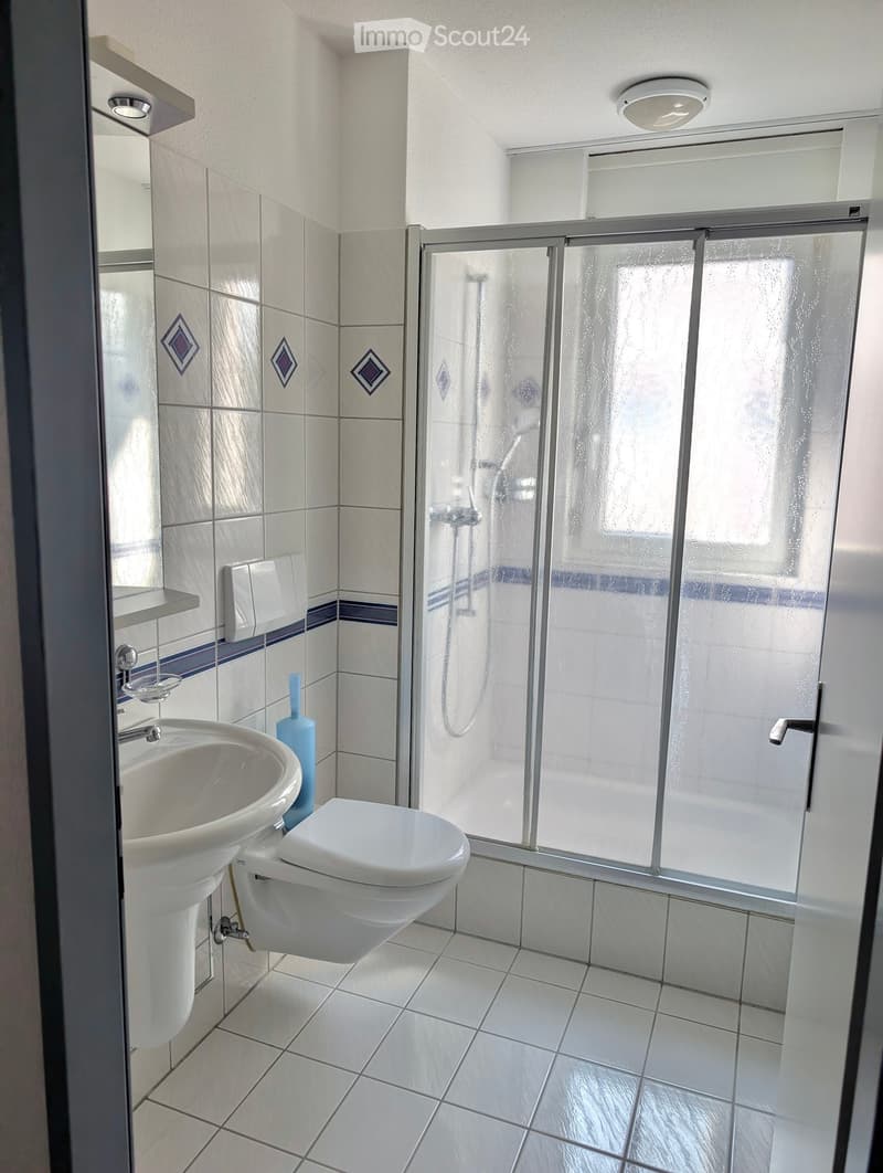 Modern bathroom with white tiles, a sink, toilet, and a glass-enclosed shower area. Features a blue decorative bottle on the floor near the toilet.