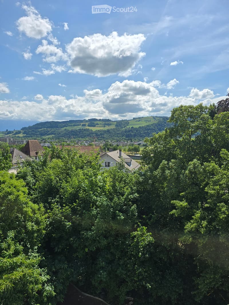 A scenic view of a town with houses, trees, and a distant landscape under a partly cloudy sky.