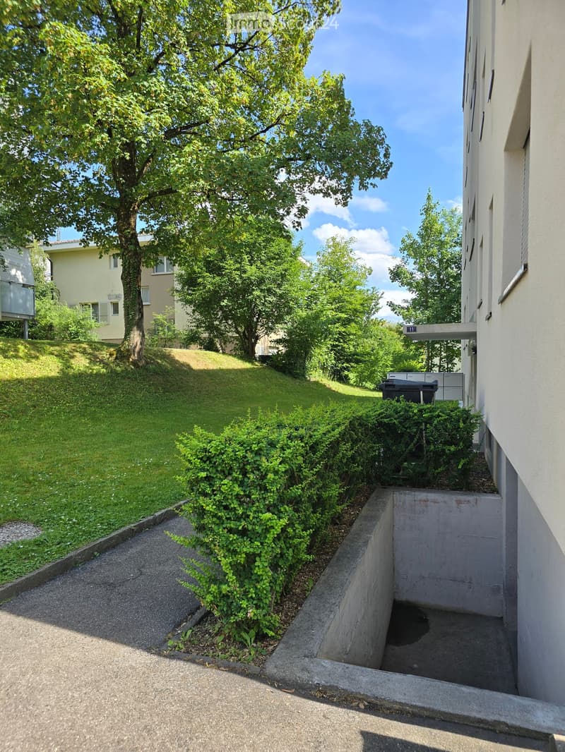 A small garden area with a raised ground floor, concrete pathway, greenery, and a trash bin near the building.