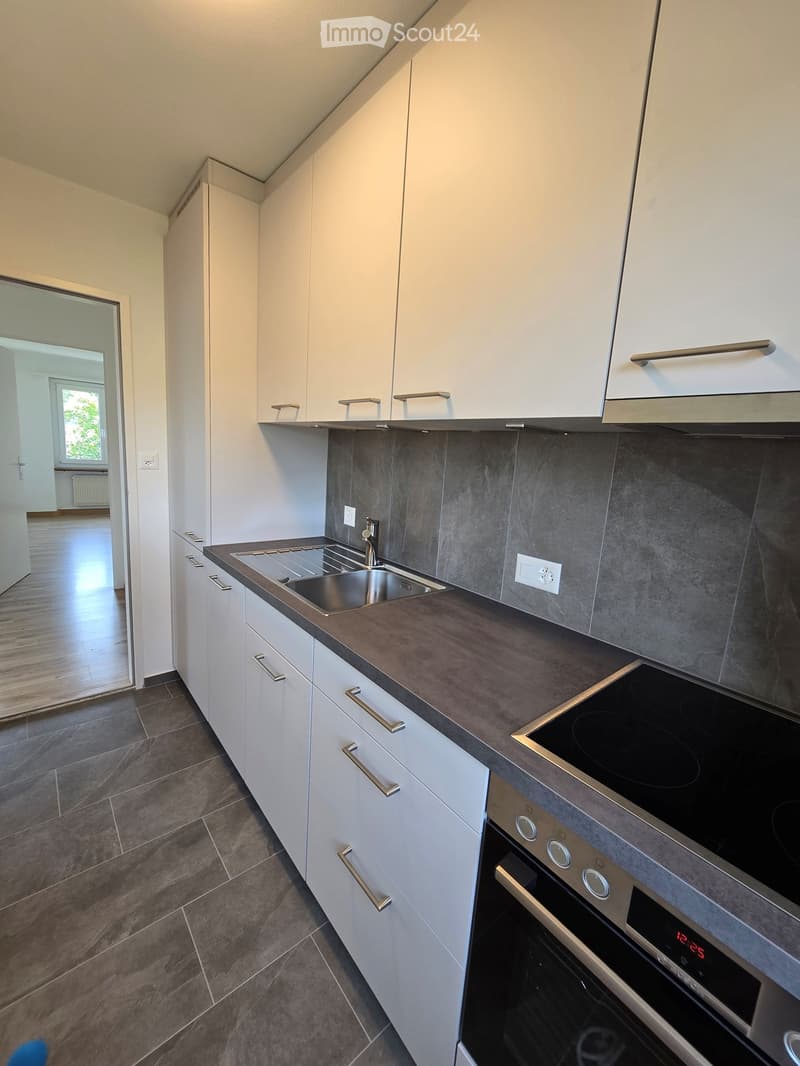 Modern kitchen with white cabinets, stainless steel appliances, and a dark countertop.