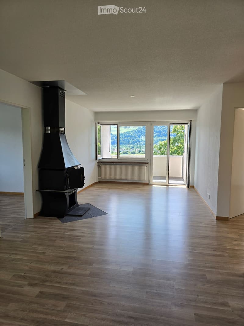 Empty room with wooden flooring, white walls, large windows with a scenic view, and a fireplace with a black chimney.