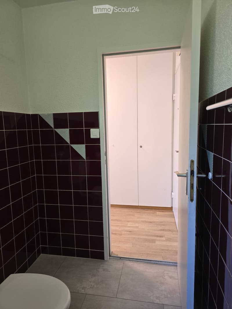 Bathroom with dark tiled walls, a toilet, and an open door leading to a hallway with wooden flooring.