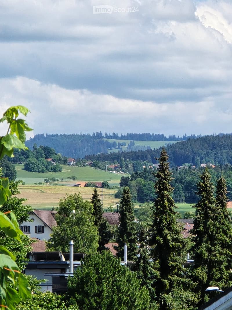 A scenic view of a rural landscape with houses, trees, and rolling hills under a partly cloudy sky.