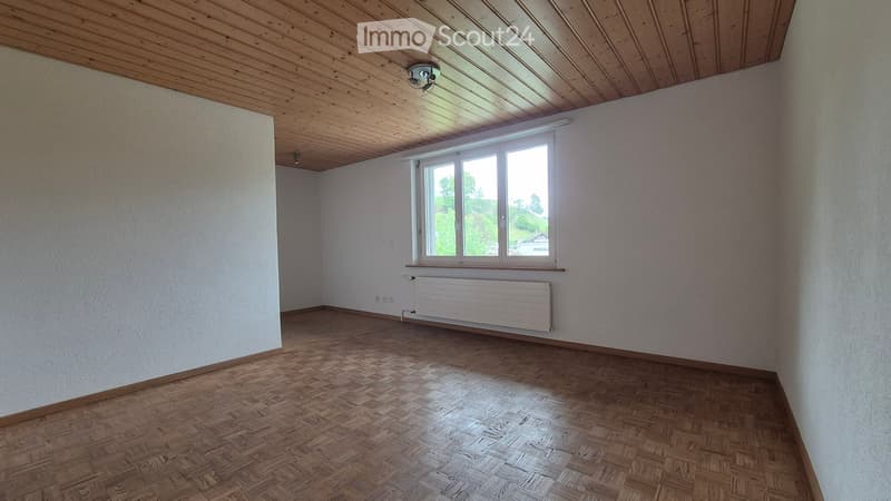 Empty room with wooden flooring, white walls, and a large window with white frames. The ceiling is wooden with a light fixture. There is a radiator below the window.
