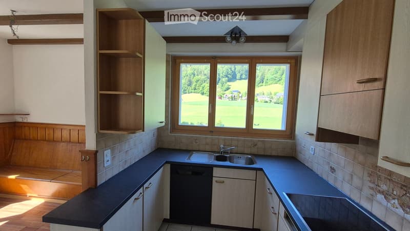 Bright kitchen with wooden cabinets, a sink, dishwasher, and shelves, featuring large windows with a scenic view of a green landscape.