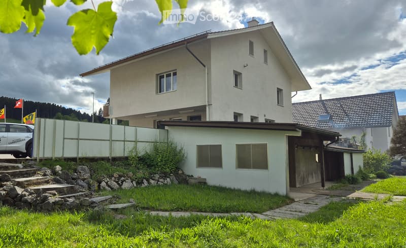 Two-story house with white exterior, multiple windows, garage, and surrounding greenery.
