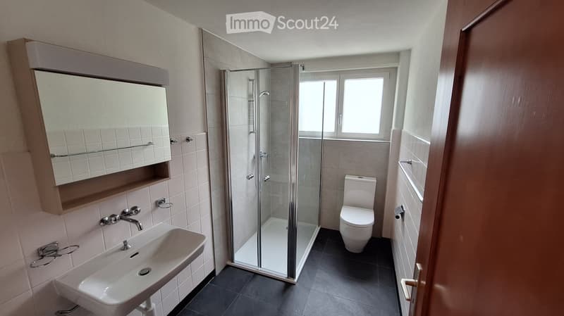 Modern bathroom with a white sink, mirror cabinet, toilet, and glass-enclosed shower. Light-colored tiles and dark flooring.