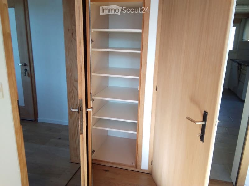 Empty room with wooden floor, open wooden closet with empty shelves, and visible door handles.