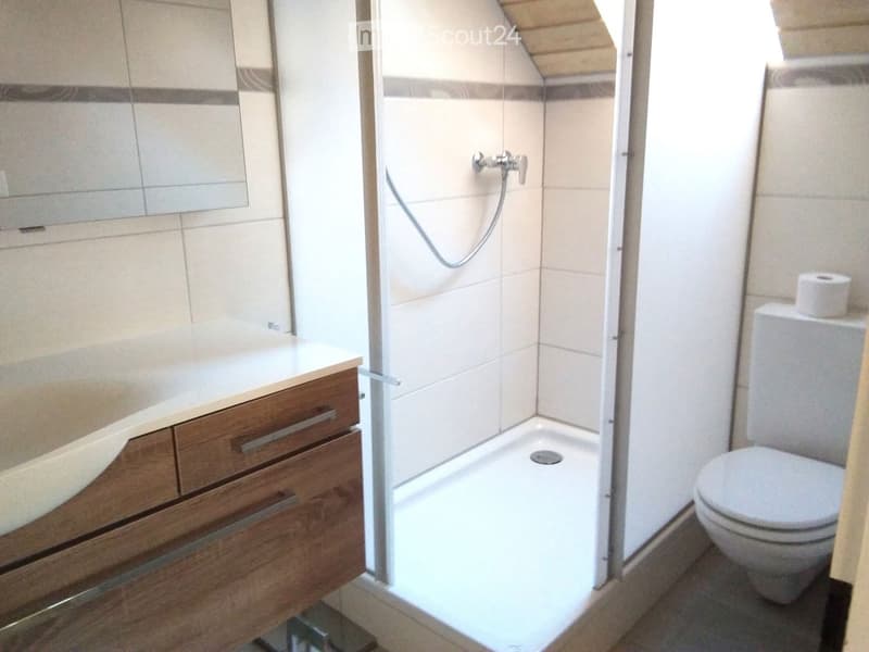 Modern bathroom with a wooden vanity, white tiled shower stall, and a toilet. The shower has a handheld sprayer and a glass enclosure.