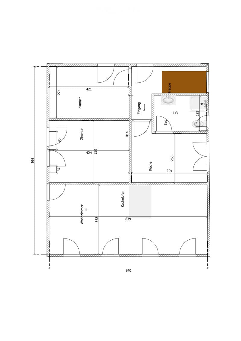 Floor plan of a 3-room apartment with a kitchen, living room, and bathroom.
