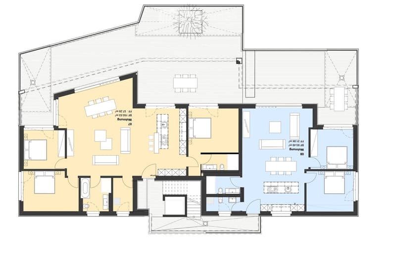 Floor plan of a two-story house with multiple rooms including living room, dining room, bedrooms, bathrooms, and a kitchen.