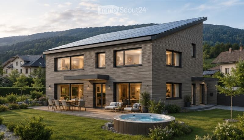 Modern two-story house with large windows, solar panels on the roof, and a spacious outdoor patio area featuring a swimming pool, outdoor seating, and a dining set.