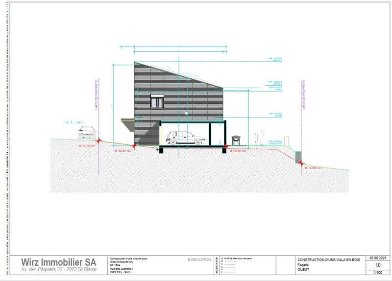 Architectural floor plan of a wooden villa, showing a two-story structure with a garage, parking area, and detailed measurements.