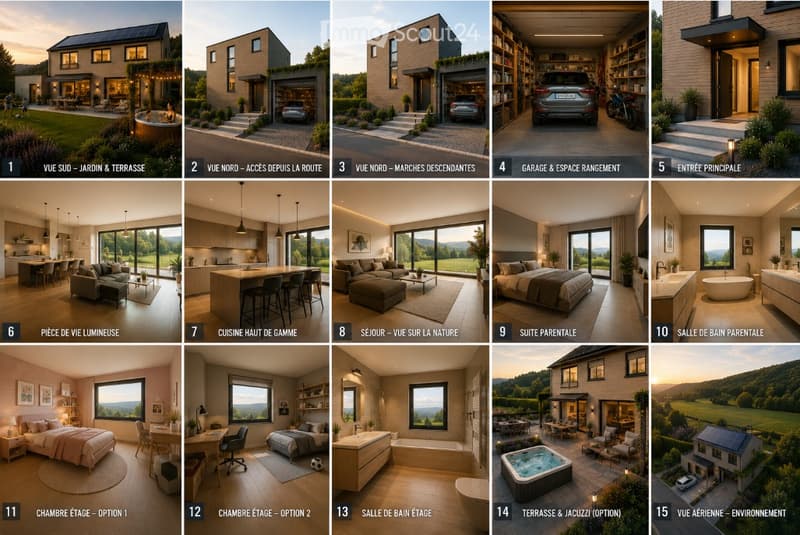 A collage of images showcasing various modern house designs, including exterior views, interior spaces, and outdoor amenities. The images highlight features such as large windows, open-plan living areas, modern kitchens, bedrooms, bathrooms, and outdoor t