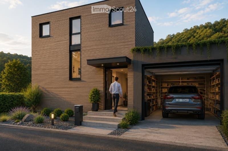 Modern two-story house with wooden siding, large windows, and a garage. The entrance features a small porch with steps, and the surrounding area includes small shrubs and a potted plant.