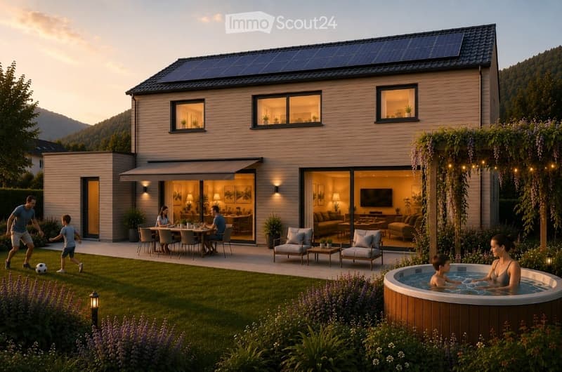 Modern two-story house with solar panels, large windows, and a spacious outdoor area featuring a swimming pool, patio furniture, and a dining set.