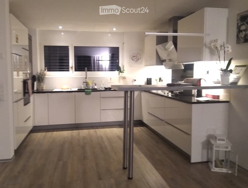 Modern kitchen with white cabinets, black countertops, a central island, and a sink area. Features include a wooden floor, a small stool, and a flower pot on the counter.
