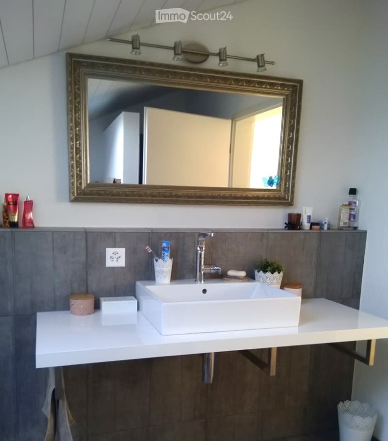 Modern bathroom with a white sink, chrome faucet, large ornate mirror, and various toiletries on the countertop.