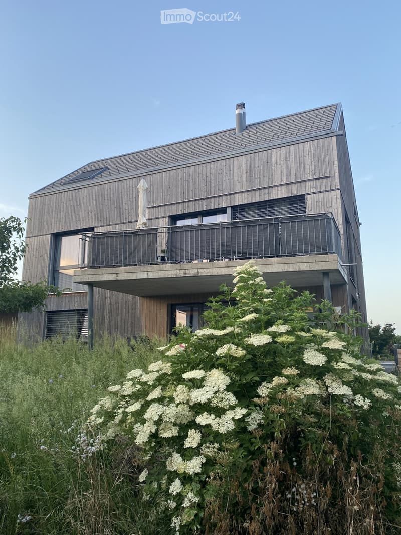 Modern two-story house with wooden facade, large windows, and a balcony with a railing.