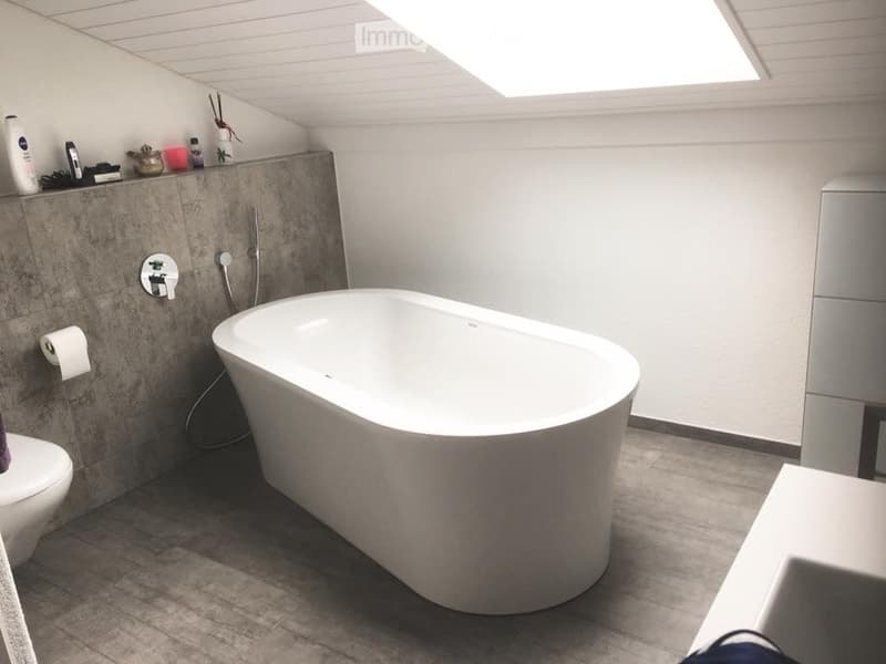Modern bathroom with a large, freestanding bathtub, a toilet, a shower hose, and a sleek, grey tiled wall. The space features a skylight for natural light and a small shelf with toiletries and decorative items.