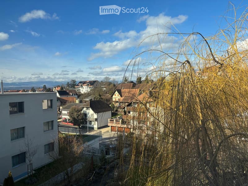 View of a residential neighborhood with multiple houses, trees, and a clear blue sky.