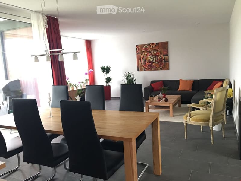 dining table with six chairs, black upholstery, wooden table, plants, coffee table, sofa with pillows, painting on the wall, glass window with red curtains