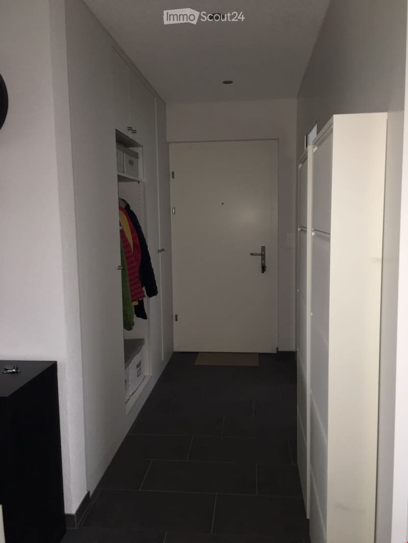 white walls, gray tiled floor, built-in wardrobes, entrance door with silver handle, small rug in front of the door, white storage unit
