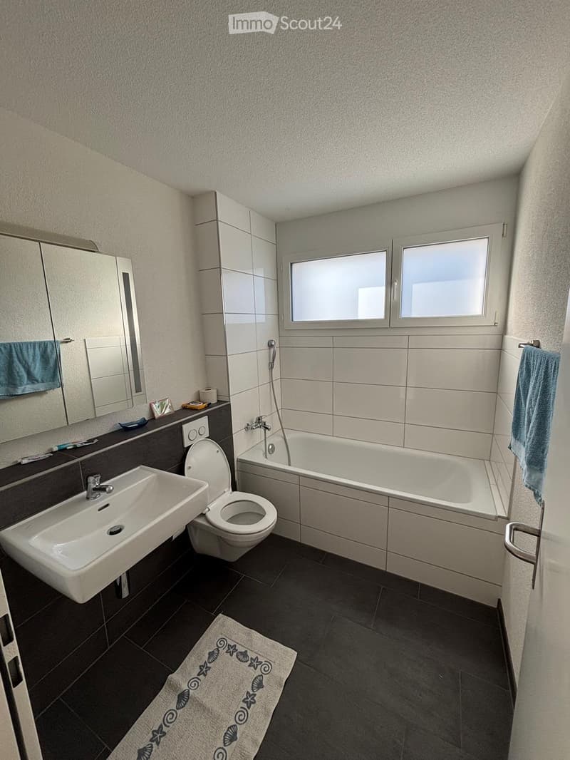 Modern bathroom with a white sink, toilet, bathtub, and mirror. Features dark tiled flooring and a light-colored bathmat with a seashell design.