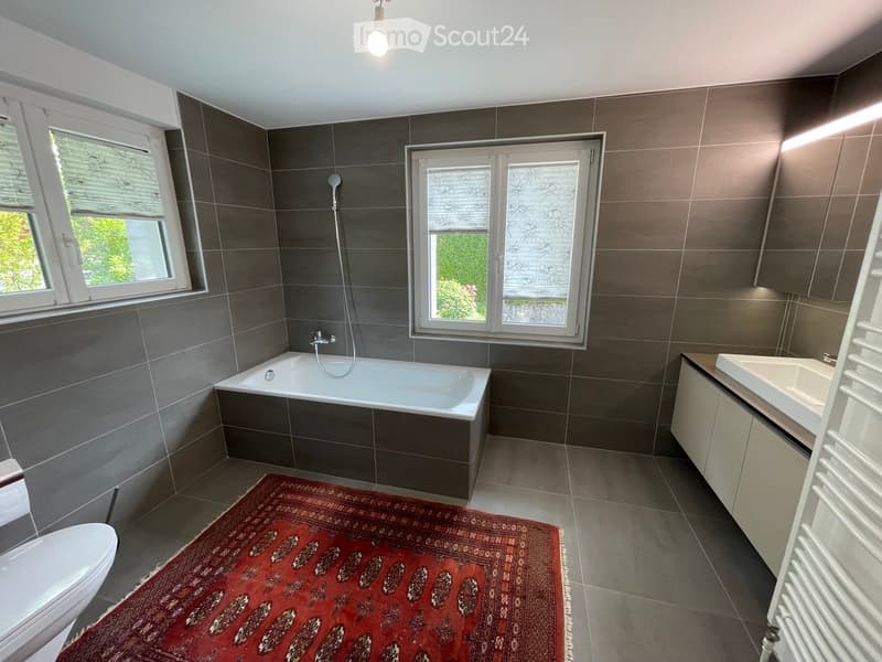 Modern bathroom with dark grey tiles, a bathtub, toilet, sink, and a red patterned rug.
