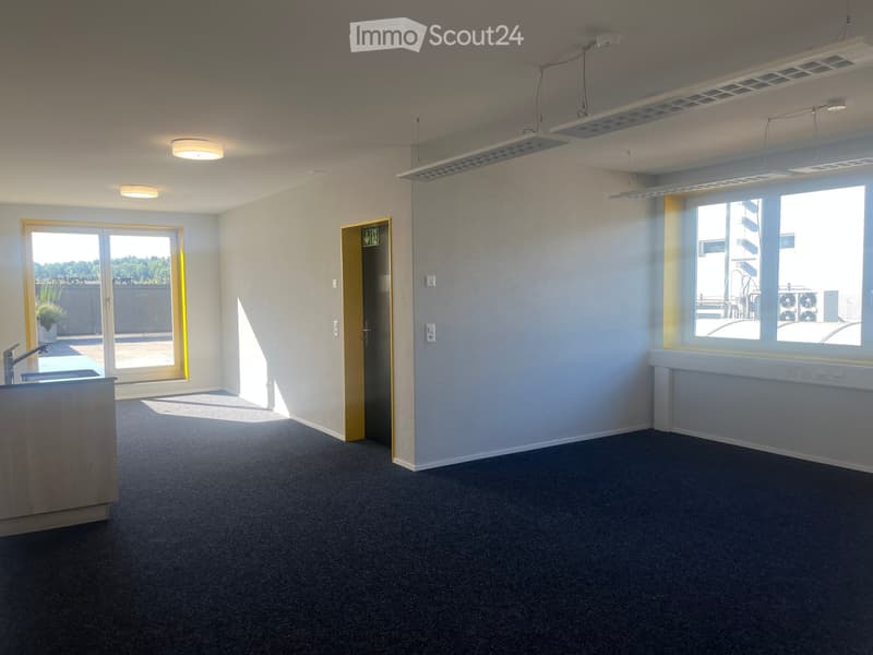 Empty room with carpeted floor, white walls, large windows, and a small sink area. No furniture or equipment present.
