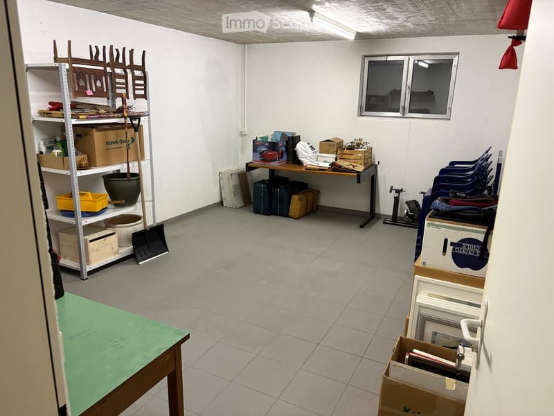 A storage room with a table, shelves, chairs, suitcases, a shovel, and various boxes.